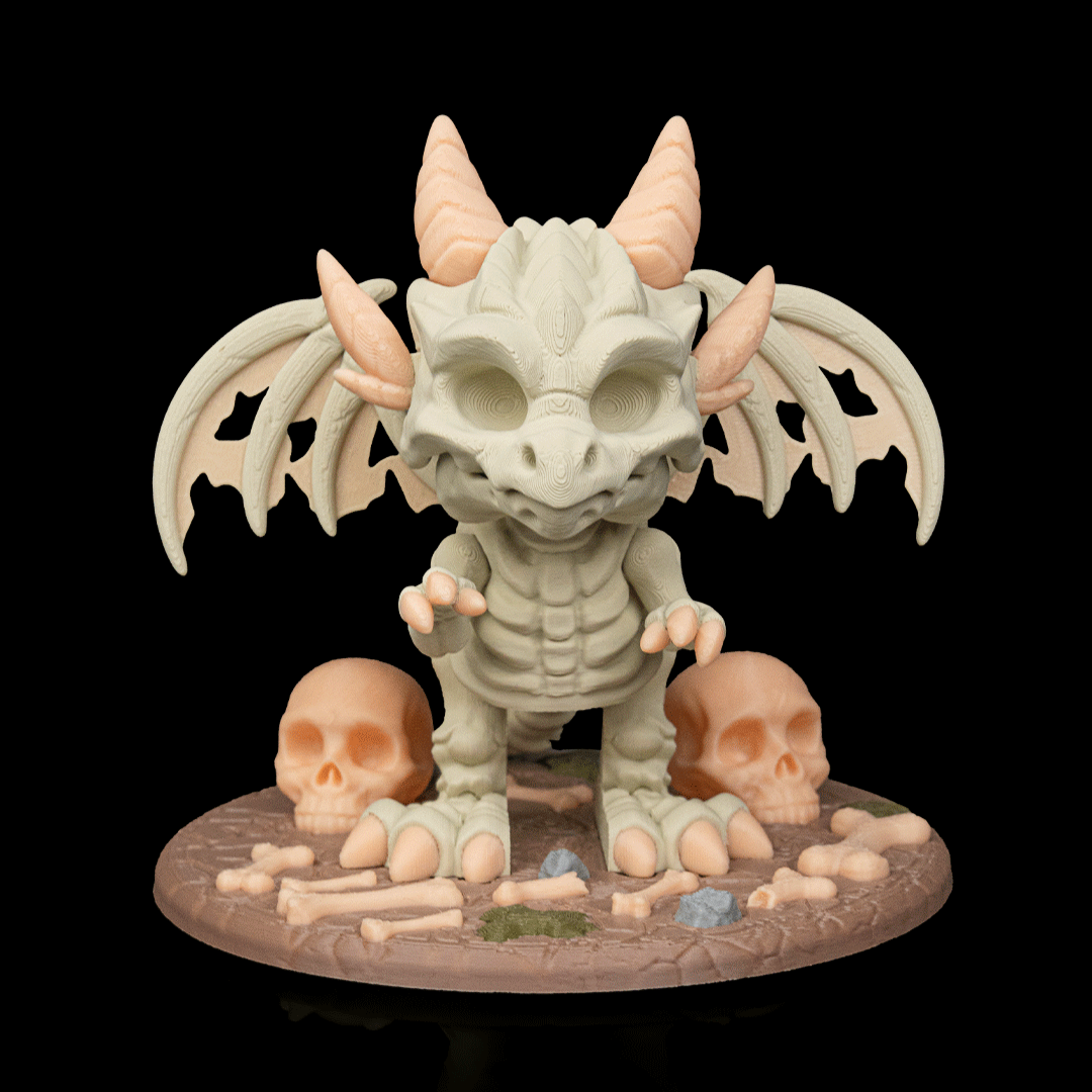 Bone Wing Dragon 3D printed skeletal dragon figurine with skulls and bones on graveyard base, Halloween collectible.