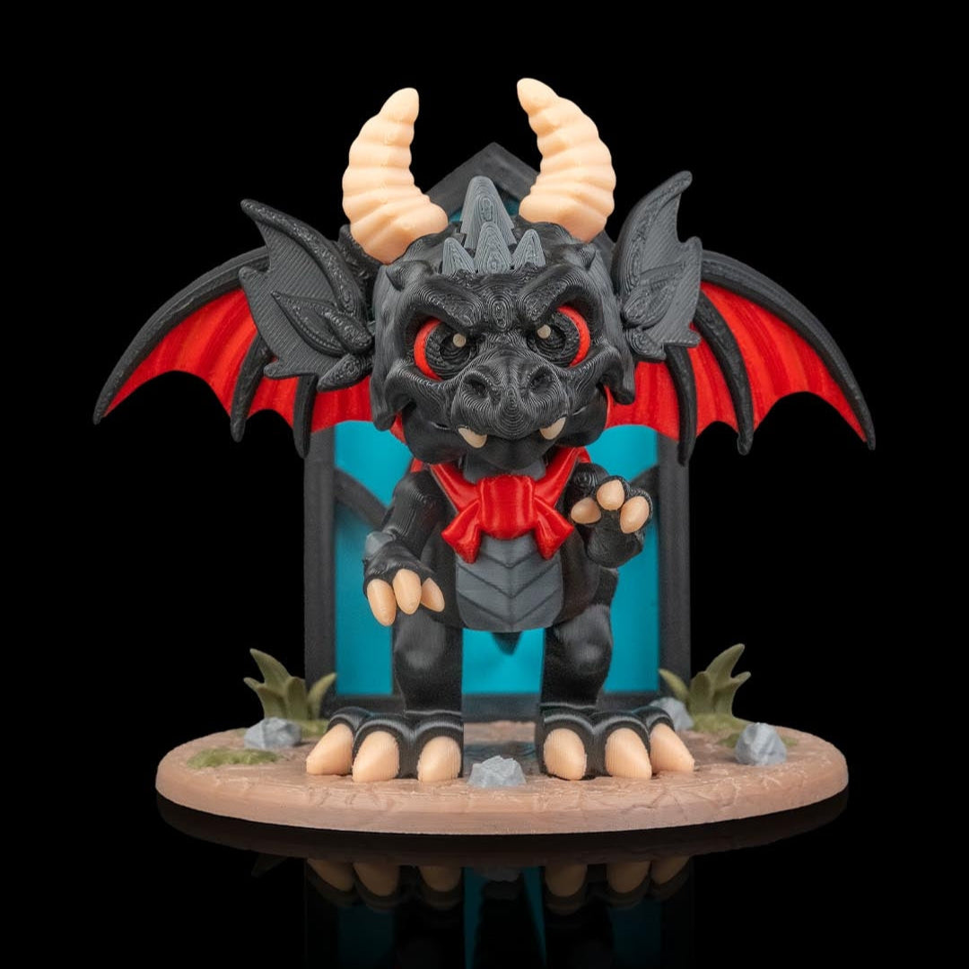 Black dragon-like creature with red accents on a black background